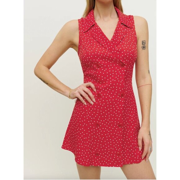 Reformation Leith Mini Dress in Red Polka Dots Collared Sleeveless Size 2 - Picture 1 of 8